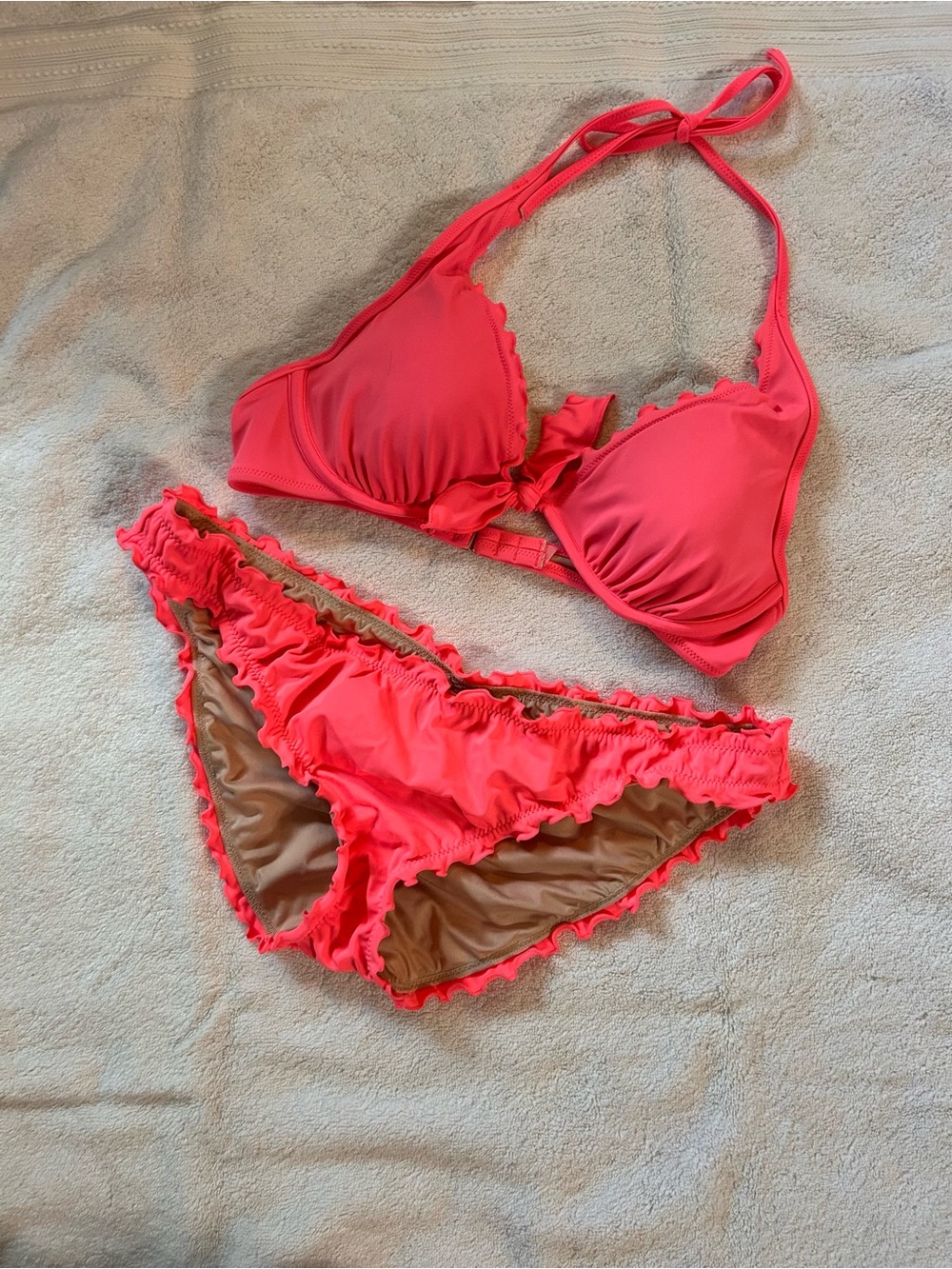Ruched Halter Bikini Set in Coral Pink